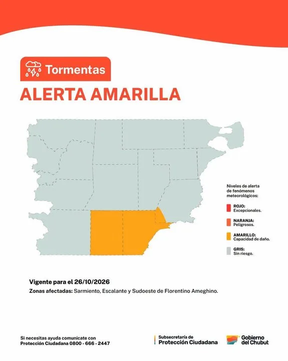 Alerta amarilla por tormentas en Comodoro Rivadavia y Sarmiento