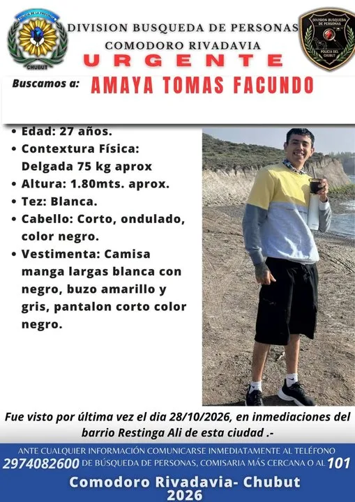 Buscan a Tomás Facundo Amaya, visto por última vez en Restinga Alí