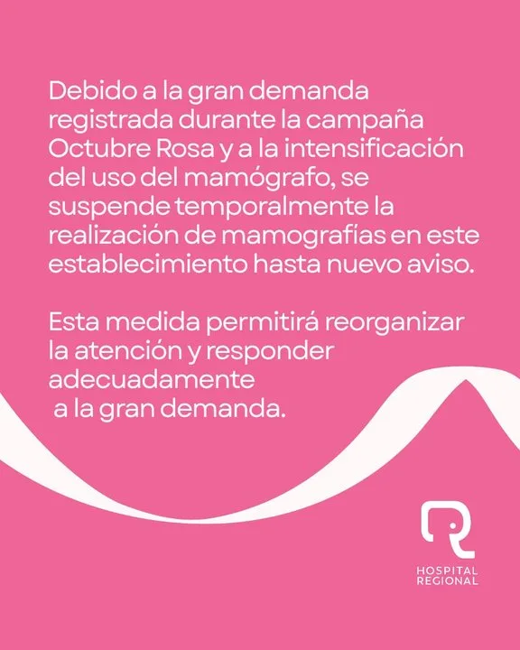 Pausa temporal en las mamografías del Hospital Regional por la alta demanda de Octubre Rosa